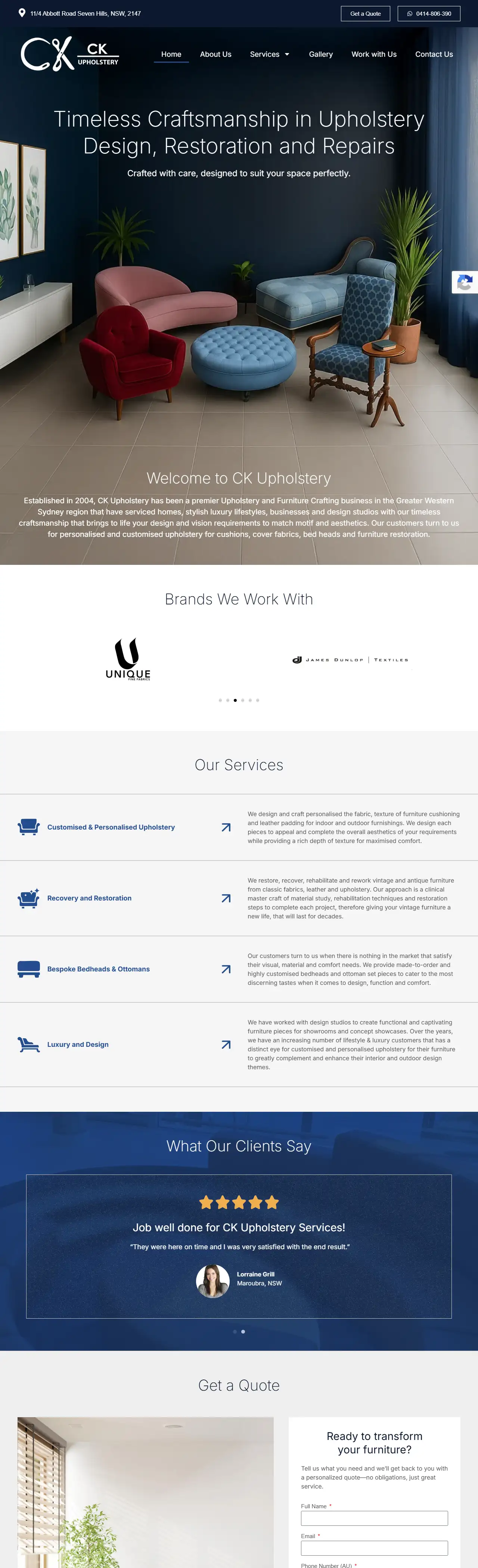 The CK Upholstery website, full home page