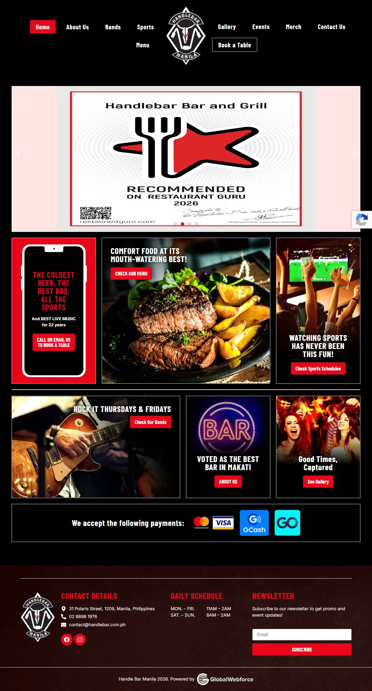 The Handlebar Bar and Grill website, full home page