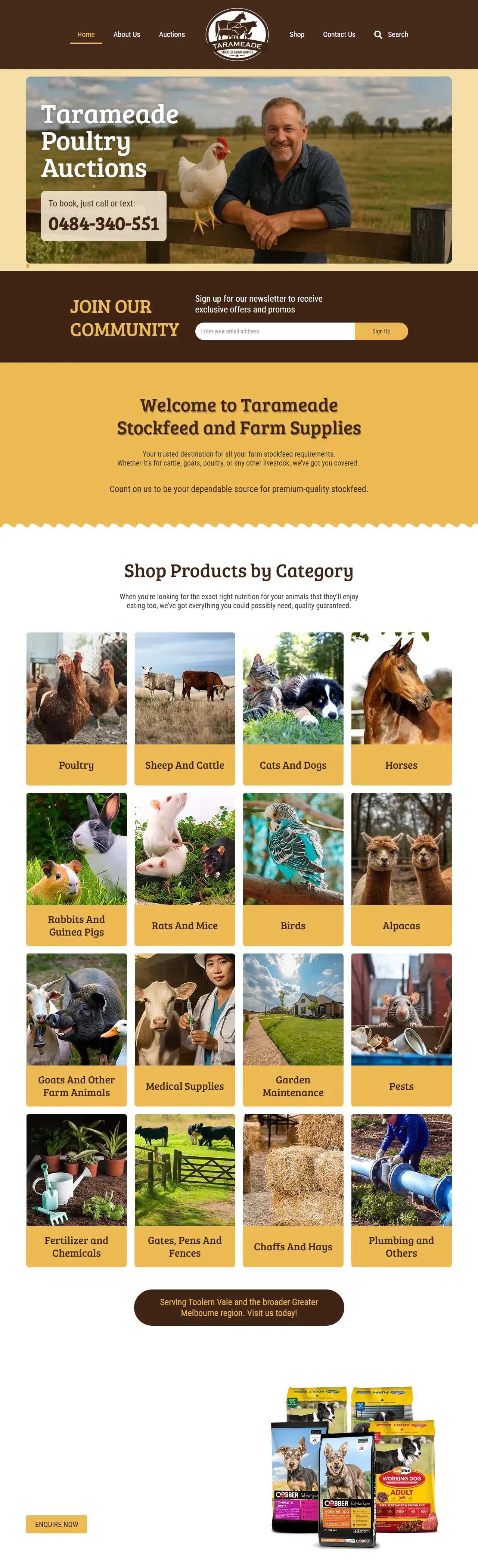 The Tarameade website and online store, full home page